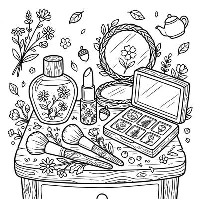 Unleash your child's creativity with this enchanting cottagecore makeup coloring page, perfect for little artists who love rustic charm. Discover delightful beauty items like floral perfumes and wooden brushes, ready to be brought to life with vibrant colors.