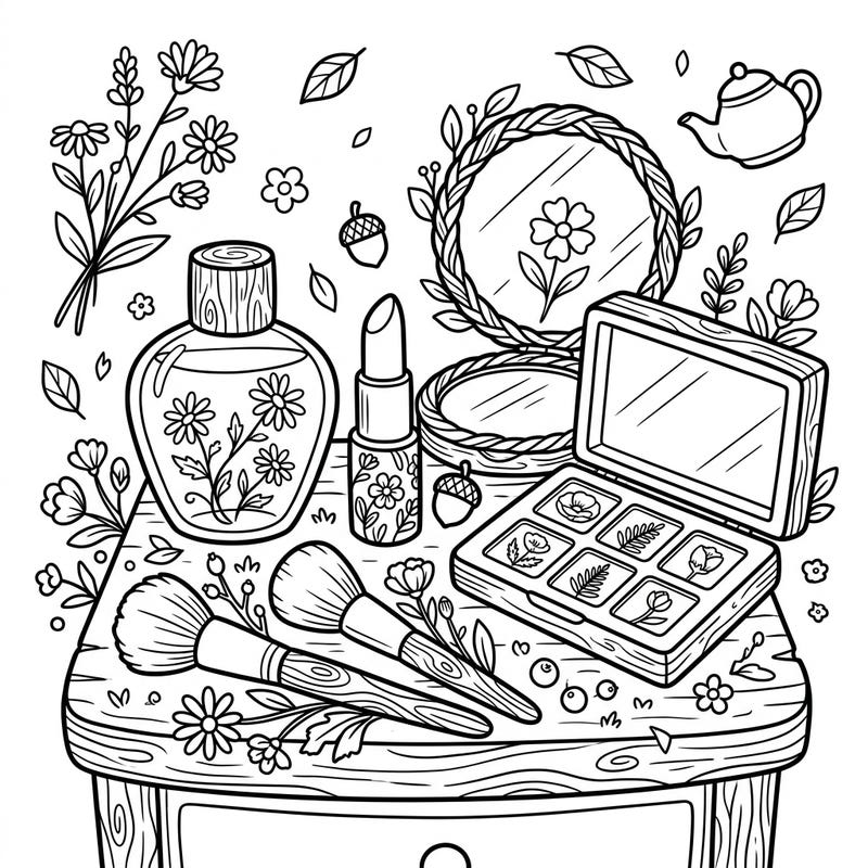 Unleash your child's creativity with this enchanting cottagecore makeup coloring page, perfect for little artists who love rustic charm. Discover delightful beauty items like floral perfumes and wooden brushes, ready to be brought to life with vibrant colors.