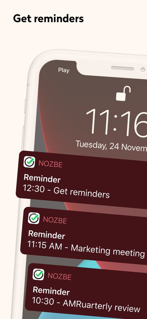 Nozbe Classic - Nozbe Classic task reminders and meeting notifications displayed on an iPhone lock screen.