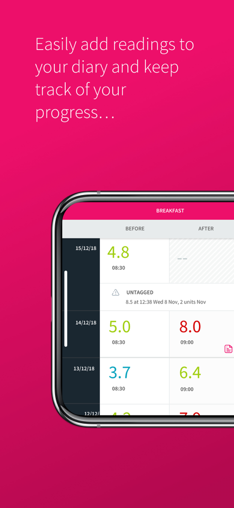 Diário digital no aplicativo GDm-Health para registrar leituras de glicose no sangue do café da manhã
