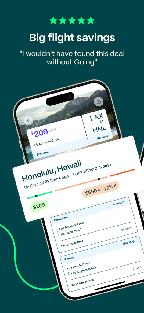 Going app screenshot showing a flight deal from Los Angeles to Honolulu for 209 dollars versus the typical 550 dollars price