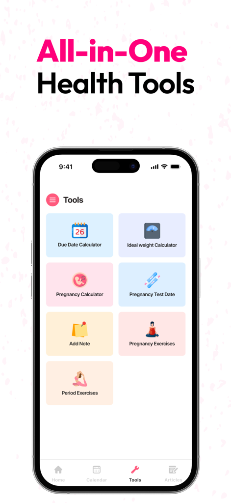 Period & Ovulation Tracker App - Health tools menu in the Period and Ovulation Tracker app featuring pregnancy and period calculators