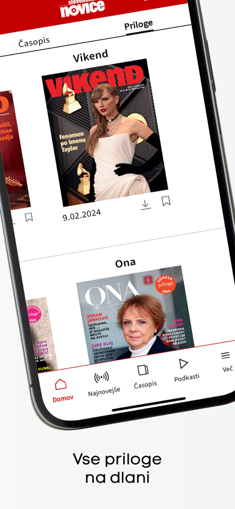 Slovenske novice - Interfaccia dell'app Slovenske novice che visualizza inserti digitali come Vikend e Ona.