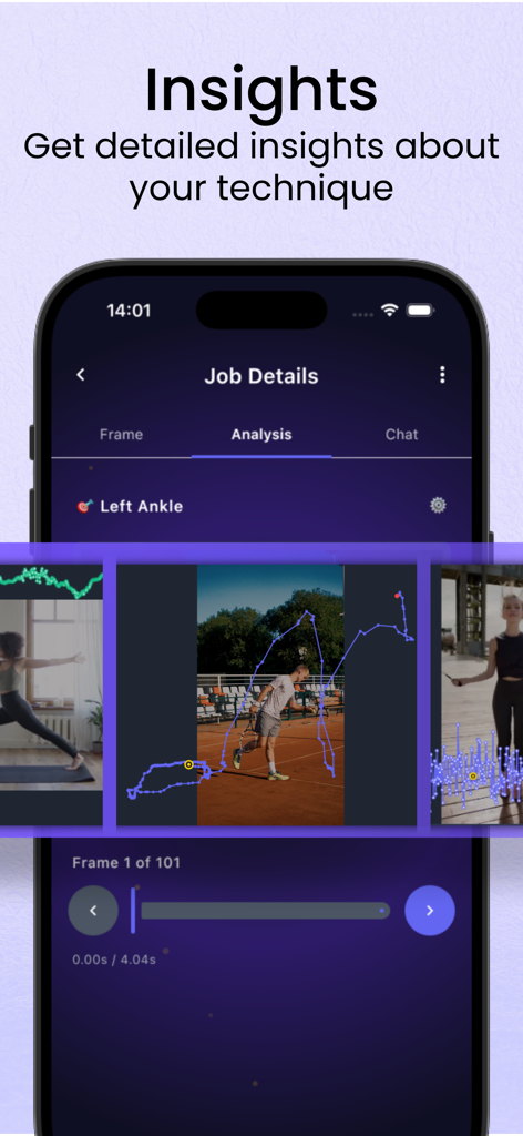 CheckMotion app interface displaying AI motion analysis and technique insights for tennis yoga and jump rope