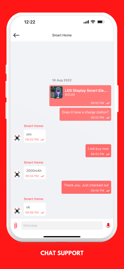 L192 app chat support interface showing a customer and merchant conversation about a product