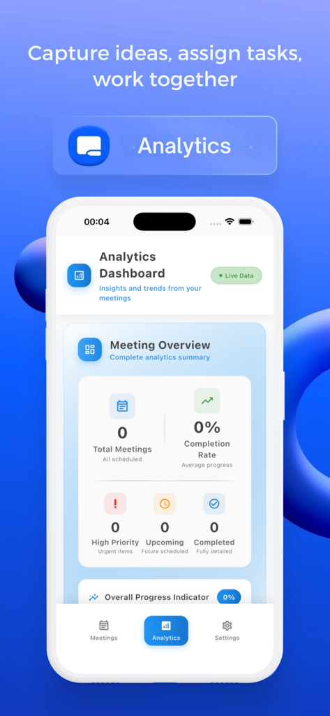 Zooms Meeting Workplaces - Analytics dashboard of the Zooms Meeting Workplaces app showing meeting statistics and completion rates