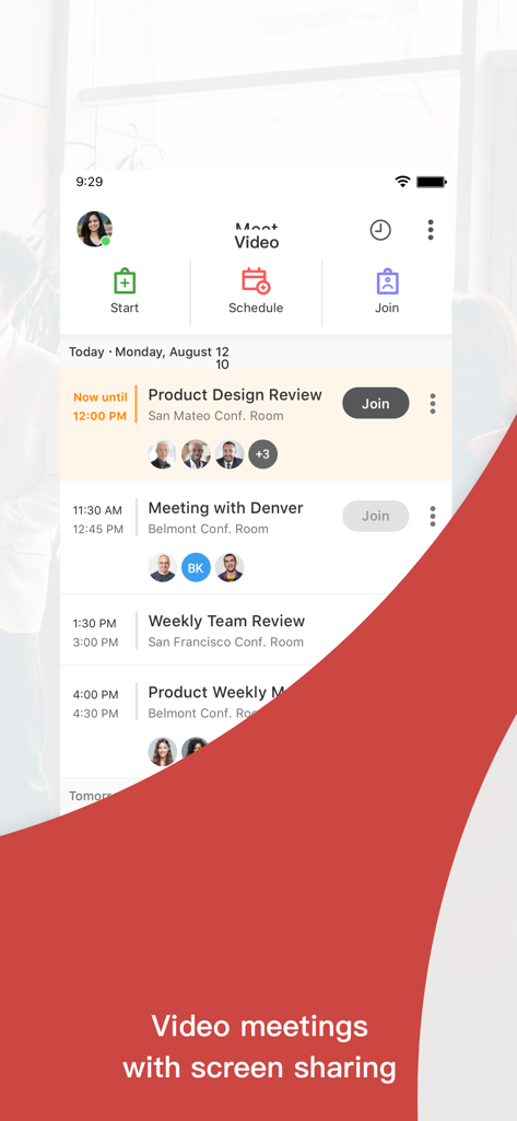 Avaya Cloud Office mobile app showing a list of scheduled video meetings and options to start schedule and join