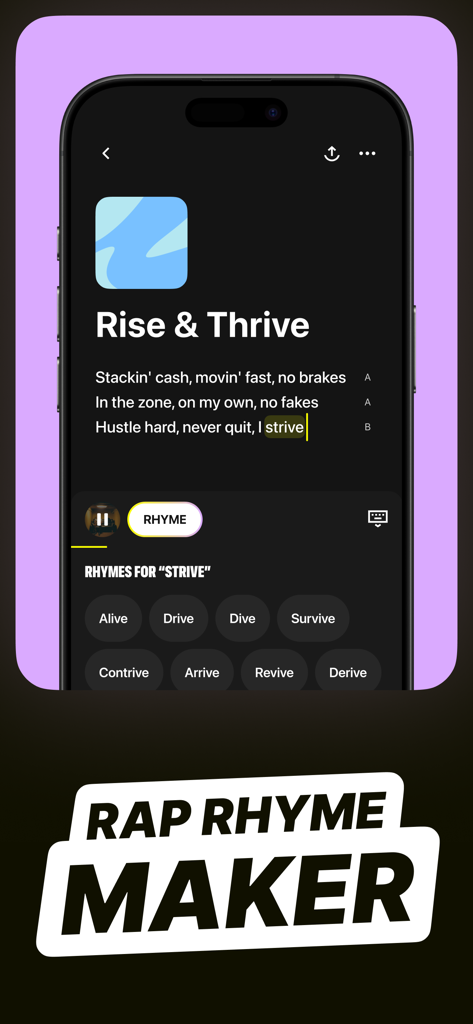 Lyric Studio - Rap Rhyme Maker - Un smartphone mostrando la interfaz de la aplicación Lyric Studio con sugerencias de rimas para letras de rap