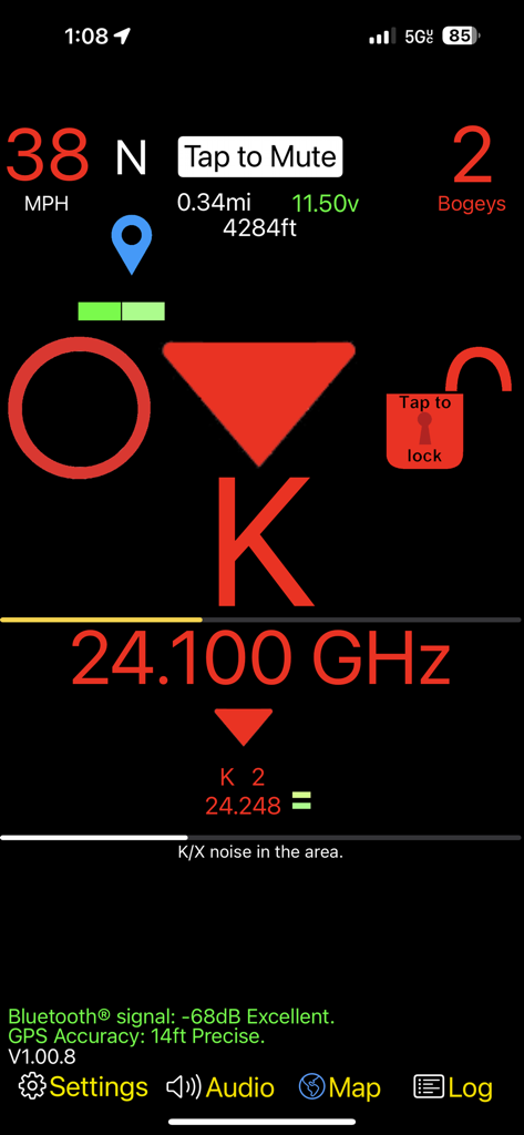 R8 Companion app HUD showing K band radar alert and frequency