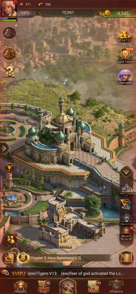 Isometric view of a Middle Eastern palace and city buildings in the Revenge of Sultans strategy game.