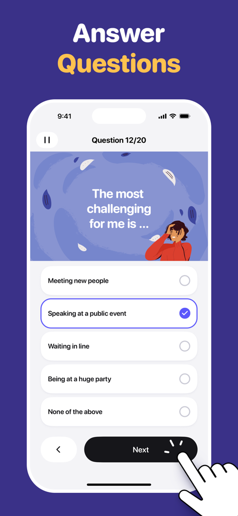 BrainGain - Brain Training - Écran de l'application BrainGain montrant une question de test de personnalité sur l'anxiété sociale et la prise de parole en public.
