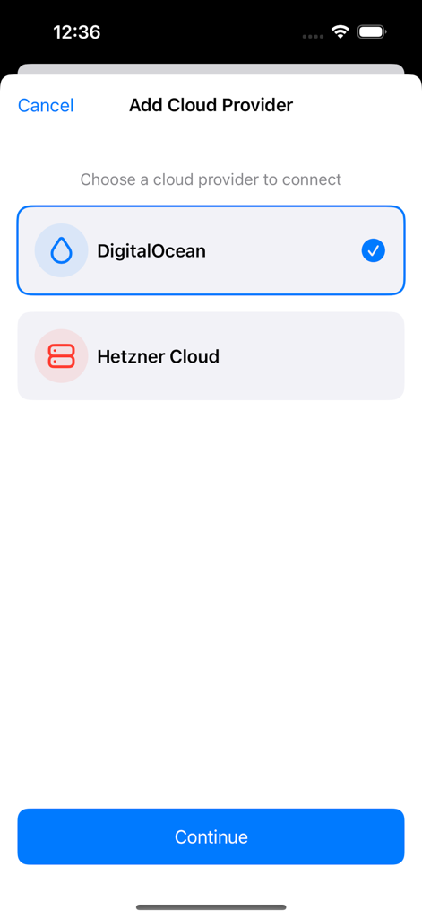 CodeAgents Mobile - Interface for choosing a cloud provider between DigitalOcean and Hetzner Cloud in the CodeAgents Mobile app.
