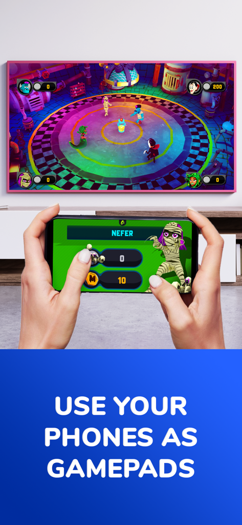 A person using their smartphone as a gamepad to play a multiplayer game on a TV screen.