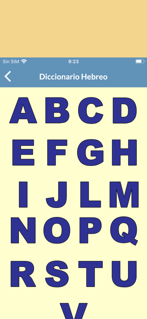 Pantalla de índice alfabético de la aplicación Diccionario Hebreo Bíblico