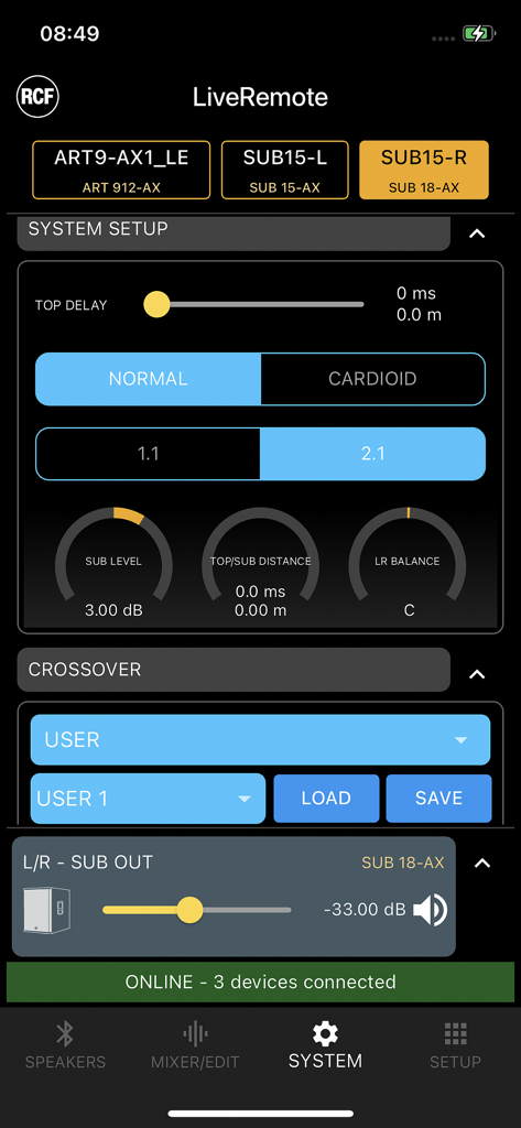 RCF LiveRemote - Pantalla de configuración del sistema de la aplicación RCF LiveRemote con ajustes de retardo de altavoces y crossover