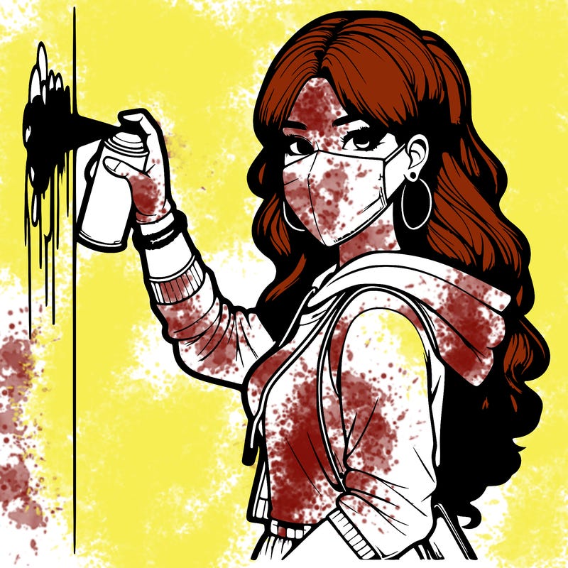 realistic girl with mask spray painting a wall