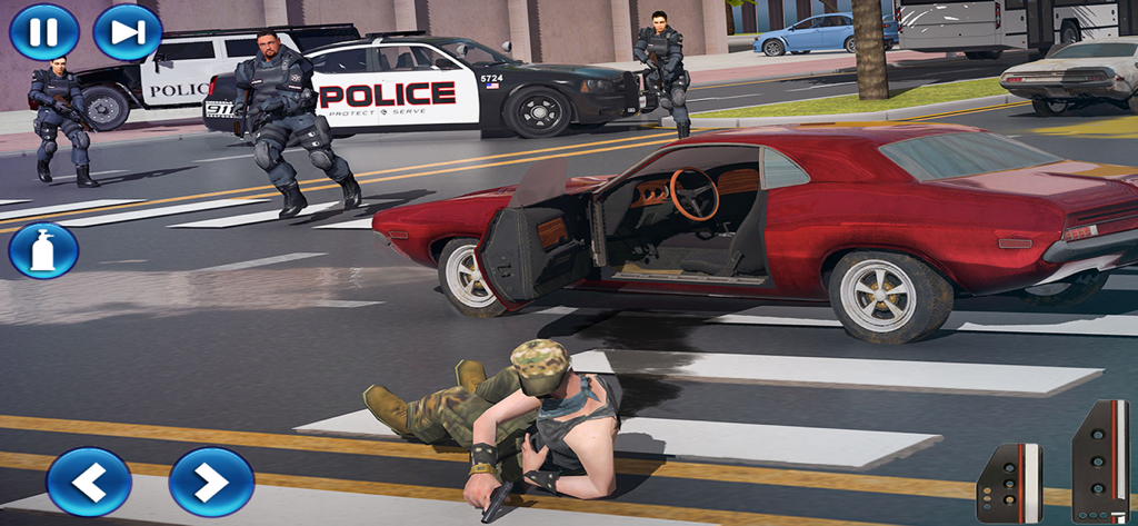 City Police Gangster Revenge - Police officers in tactical gear arresting a suspect next to a red car in a city street