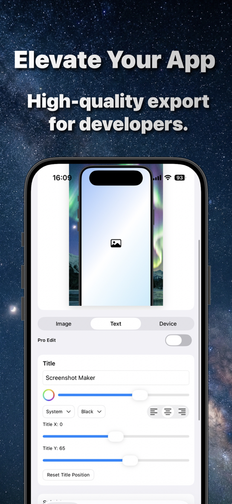 Screenshot Maker - Mockup Pro - Interface of Screenshot Maker - Mockup Pro showing text editing tools and a device frame preview on a starry background