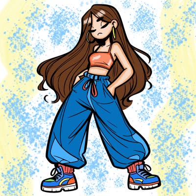 girl in baggy pants crop top and long hair