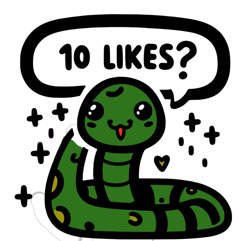 cute snake saying "10 likes?"