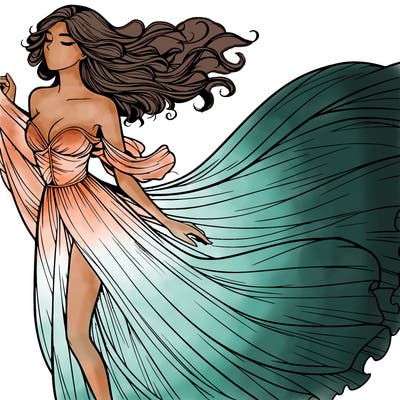 realistic woman in dress flowing the the wind