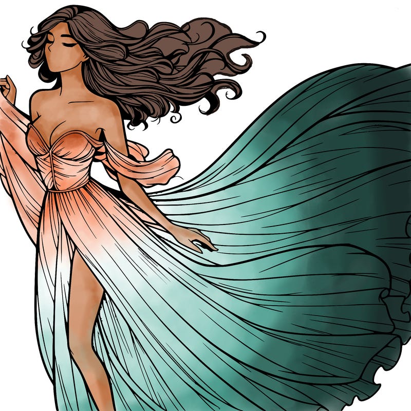 realistic woman in dress flowing the the wind