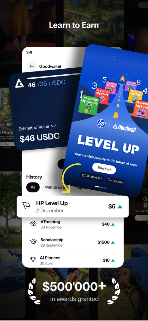 Interface showing Goodwall app rewards wallet and career level up path