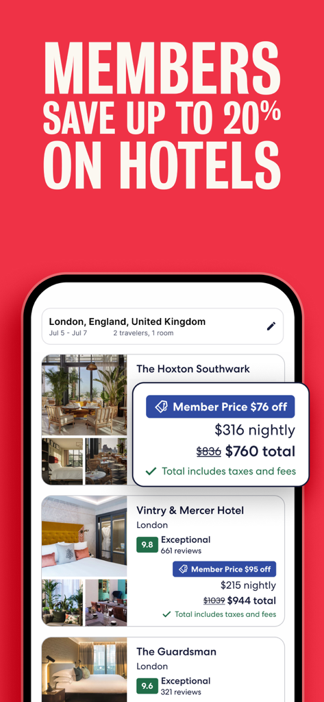 Affichage de l'application Hotels.com montrant des réductions de prix exclusives pour les membres et les meilleurs résultats de recherche d'hôtels à Londres.