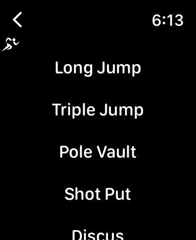 Eine Liste von Leichtathletikveranstaltungen, einschließlich Weitsprung und Stabhochsprung, auf einem Apple Watch-Bildschirm.