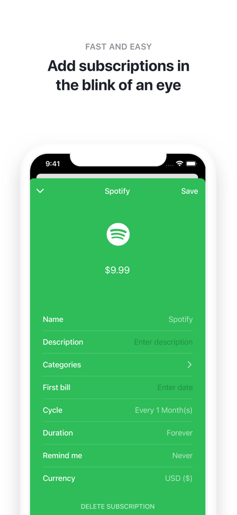 Bobby - Track subscriptions - Interfaz de la aplicación Bobby que muestra los detalles para añadir una suscripción a Spotify, incluyendo el precio y el ciclo de facturación