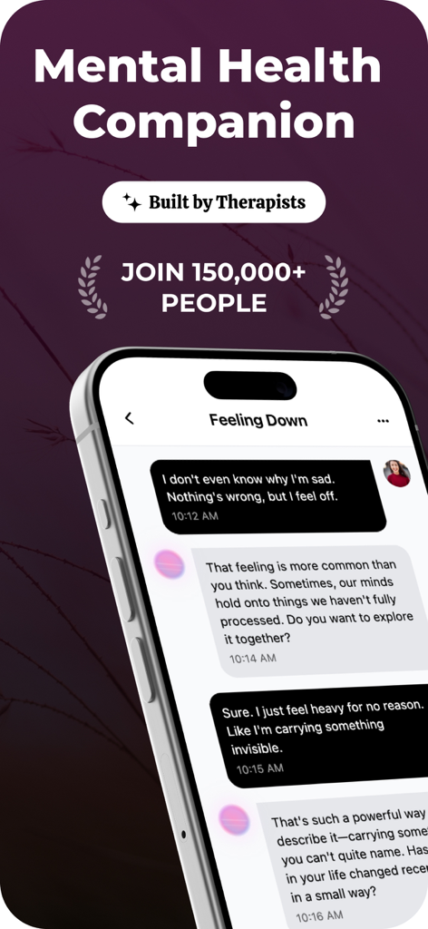 Chat interface of the Abby AI Mental Health app showing a supportive conversation with an AI companion.