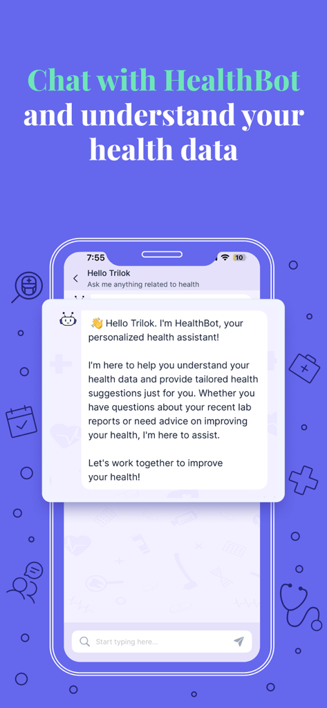 Benutzeroberfläche der Eka Care App, die den KI-HealthBot-Chat für personalisierte Einblicke in Gesundheitsdaten zeigt