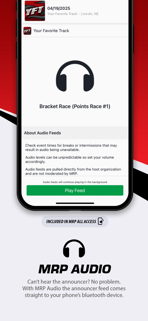 Live track announcer audio feed on the MyRacePass mobile app