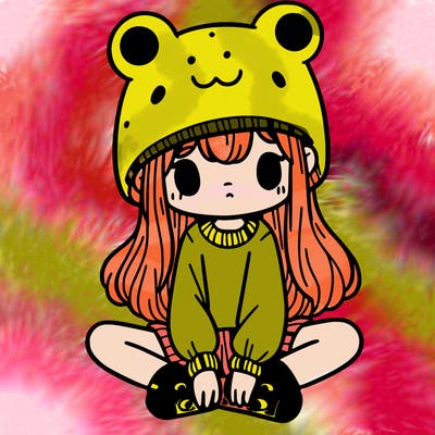 a girl wearing a frog hat and some frog socks