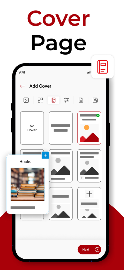 문서 사용자 지정을 위한 전문 표지 템플릿을 보여주는 사진을 PDF로 앱의 스마트폰 인터페이스.