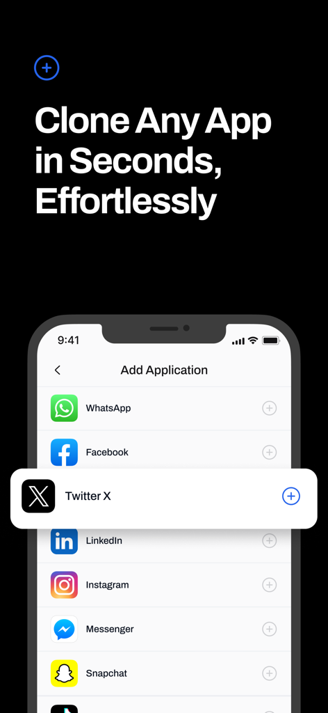 Clone It: Dual App Cloner - Screenshot of Clone It app interface listing social media apps like WhatsApp and Facebook for effortless cloning on iPhone