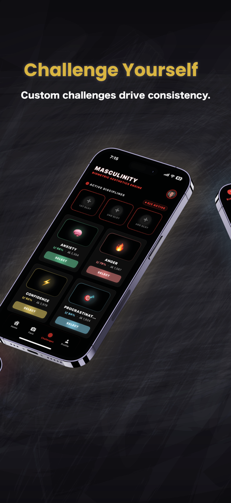 Masculinity - Scan Your Face - Smartphone showing the Masculinity app challenges screen with various self-improvement disciplines like anxiety and confidence.