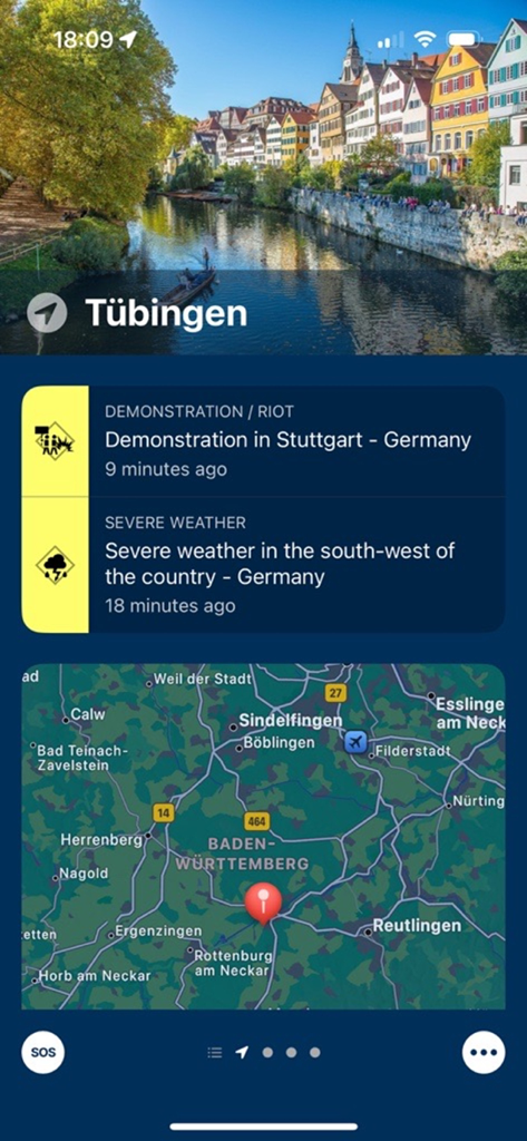 Global Monitoring app showing real-time travel alerts and regional map for Germany.
