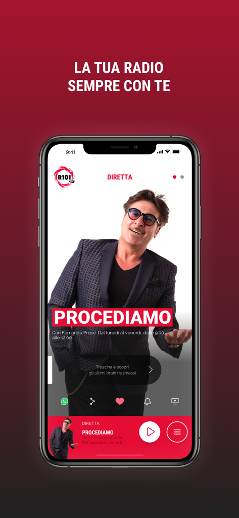 Schermata di trasmissione live dell'app radio R101 con lo show Procediamo di Fernando Proce