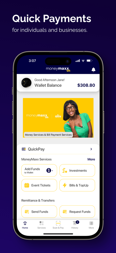 MoneyMaxx - MoneyMaxx mobile Wallet App-Oberfläche, die das Wallet-Guthaben und Finanzdienstleistungen für Benutzer auf den Bahamas anzeigt