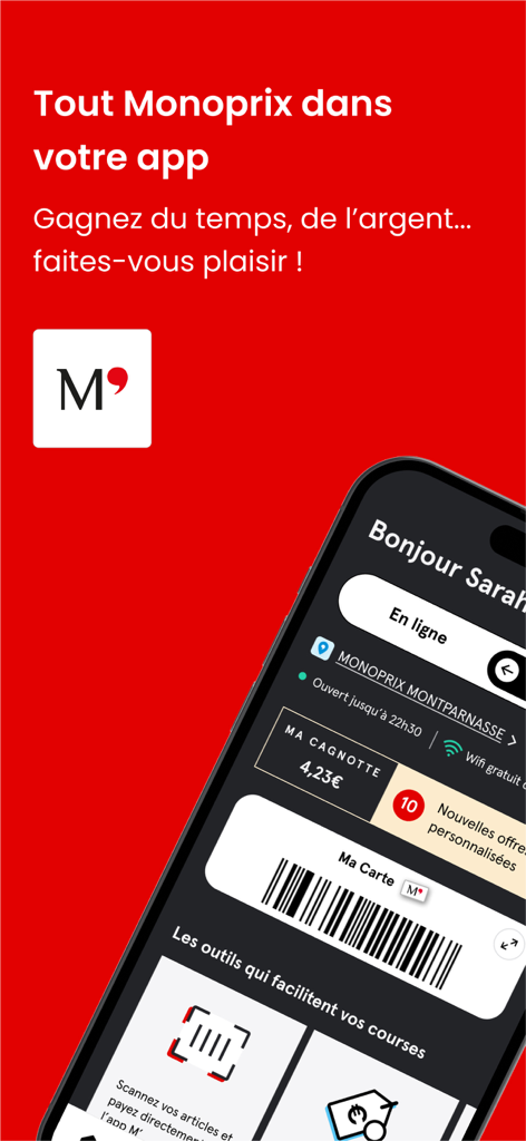 M' Monoprix - Interfaccia dell'app M' Monoprix con una tessera fedeltà digitale e strumenti per lo shopping "scan and go"