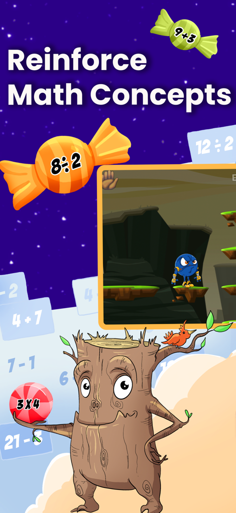 Math Facts Fun Practice Games - Captura de pantalla del juego Monster Math que muestra un personaje de árbol y problemas matemáticos en caramelos flotantes