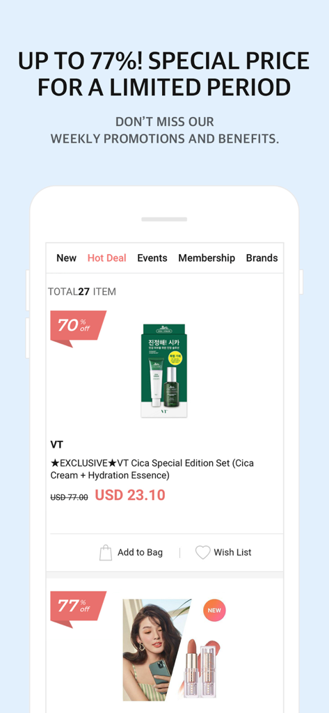 Olive Young Global mobile App-Bildschirm, der Sonderangebote für koreanische Hautpflege- und Schönheitsprodukte zeigt