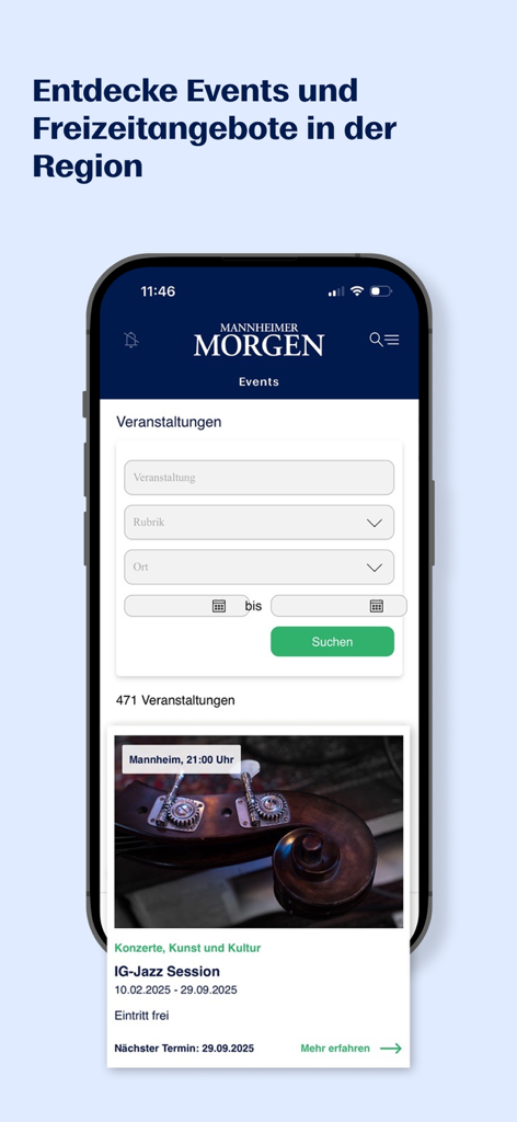 MM News app displaying a search interface for local events and leisure activities in Mannheim