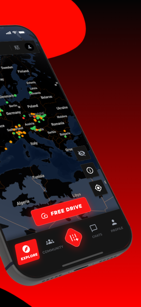 Tela de navegação do aplicativo DriveGo mostrando um mapa da Europa em modo escuro com um botão vermelho de Drive Grátis.