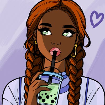 realistic girl with braided hair drinking boba
