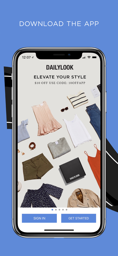 DAILYLOOK mobile app interface showing a curated selection of stylish women's clothing and accessories on an iPhone