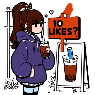 girl with oversized hoodie drinking boba and she has a high ponytail with a sign that says 10likes?