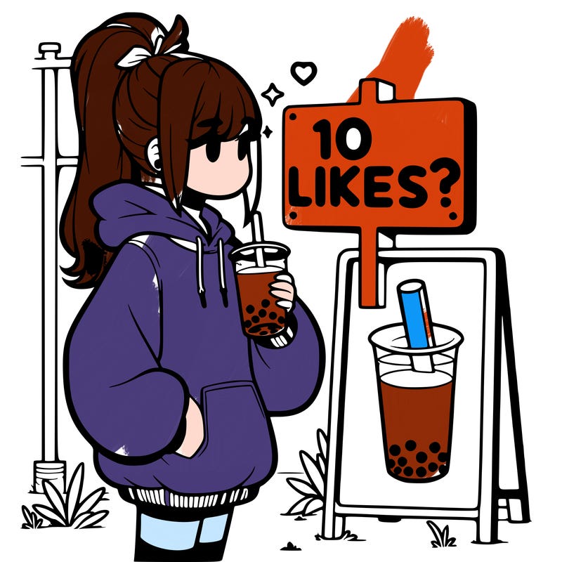 girl with oversized hoodie drinking boba and she has a high ponytail with a sign that says 10likes?