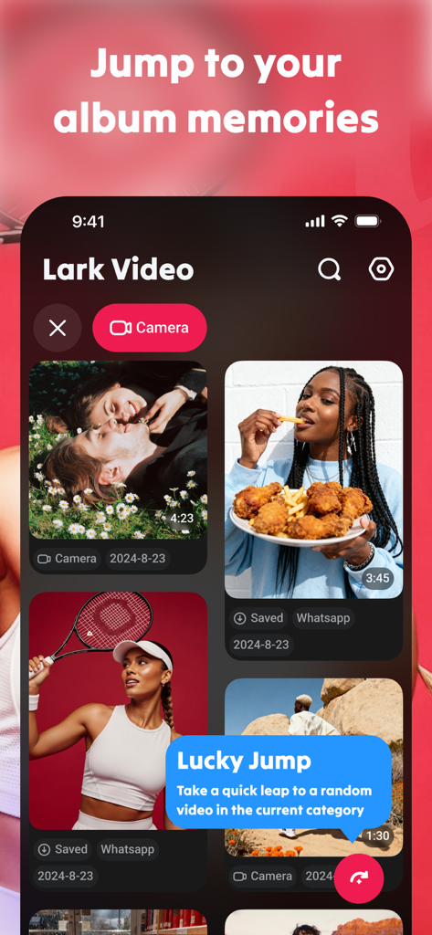 Lark Video Player: HD Player - Tela do aplicativo Lark Video Player mostrando a funcionalidade Lucky Jump para descoberta aleatória de vídeos dentro de álbuns